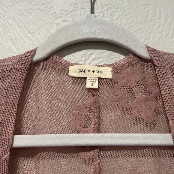 Paper + tee blush pink boho open front lace knit kimono cardigan size small - Picture 2 of 5